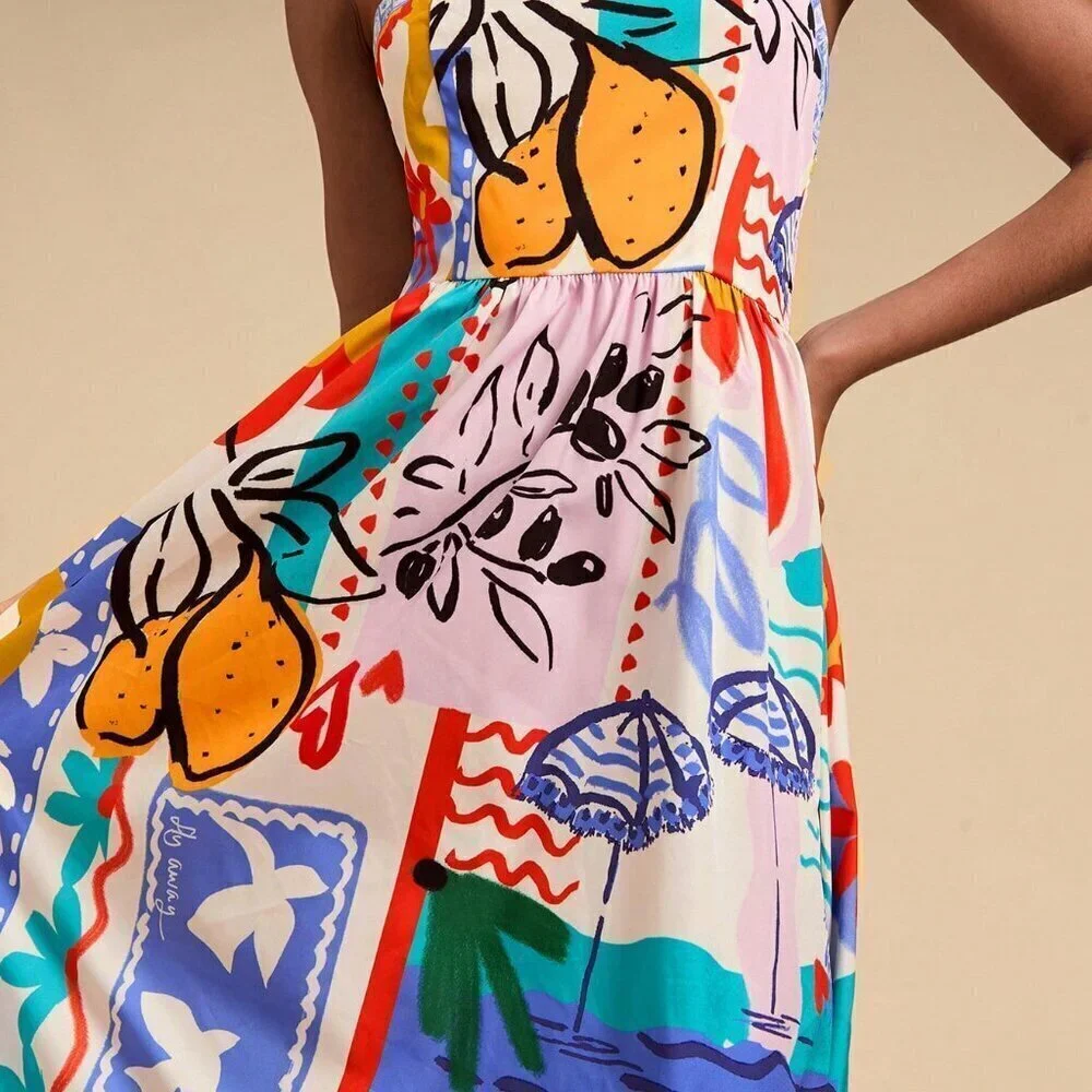 Multicolor Boho Women's Vacation Woven Printed Spaghetti Strap Dress - Picture 3 of 6
